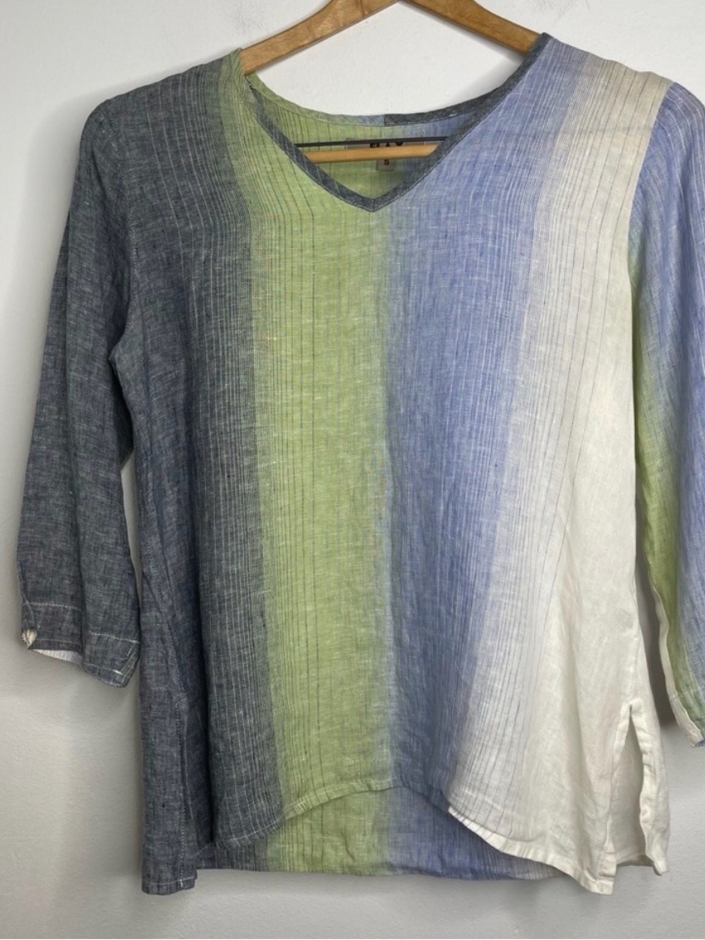 FLAX Top Tunic 100% Linen Striped 3/4 Sleeve Blue Green Navy White Size Small
